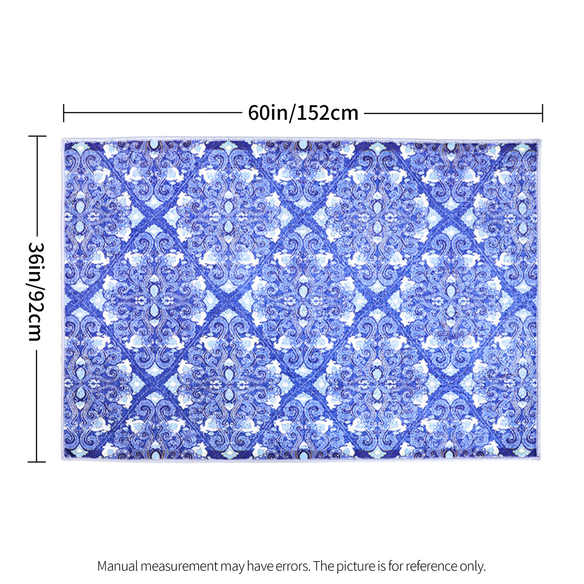 A rectangular rug or mat with a blue and white ornamental damask-style pattern, shown with measurement lines indicating 36 inches by 24 inches.