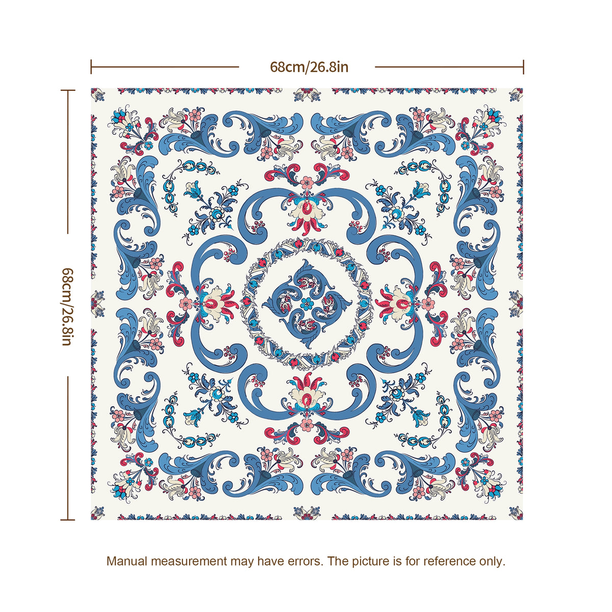 A square decorative textile or rug pattern shown with dimension lines indicating 68cm by 68cm (27.6 in by 27.