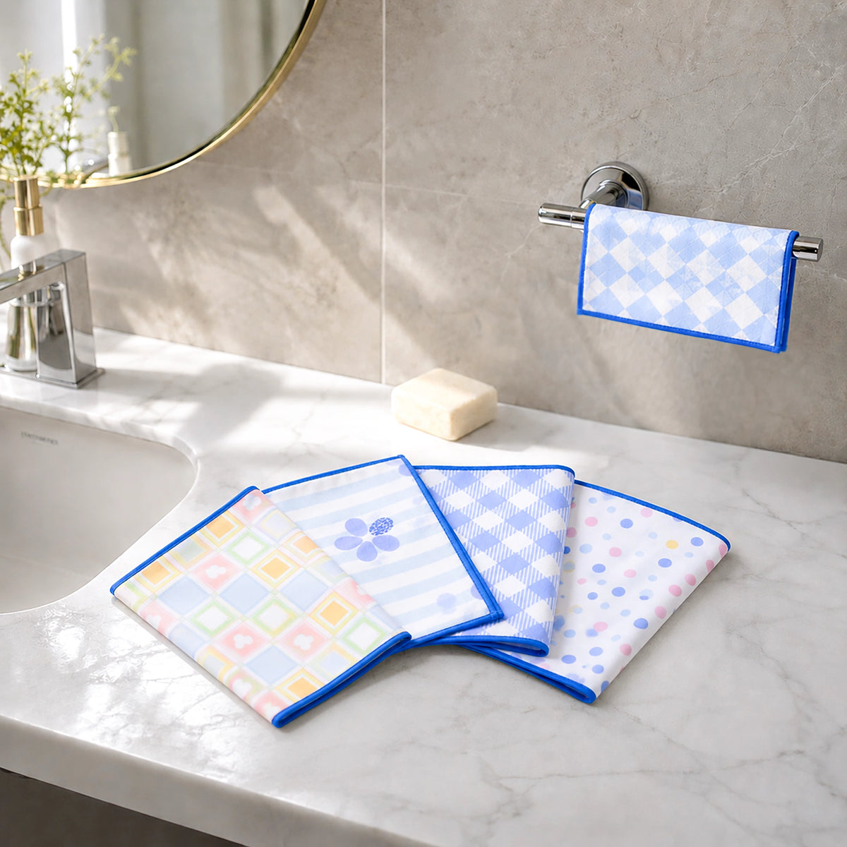 Small towel set displayed in a bathroom
