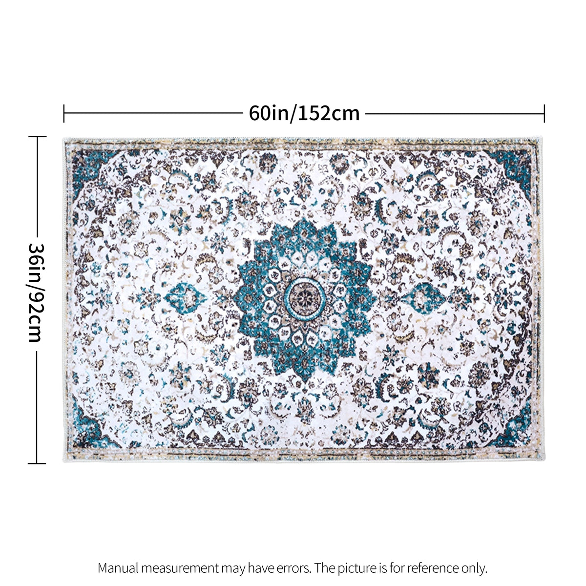 A rectangular patterned area rug shown on a white background with dimension lines and text indicating 36 in / 90 cm width and 24 in / 60 cm height. The rug has an ornate traditional floral design in white, turquoise blue, gray, and brown.