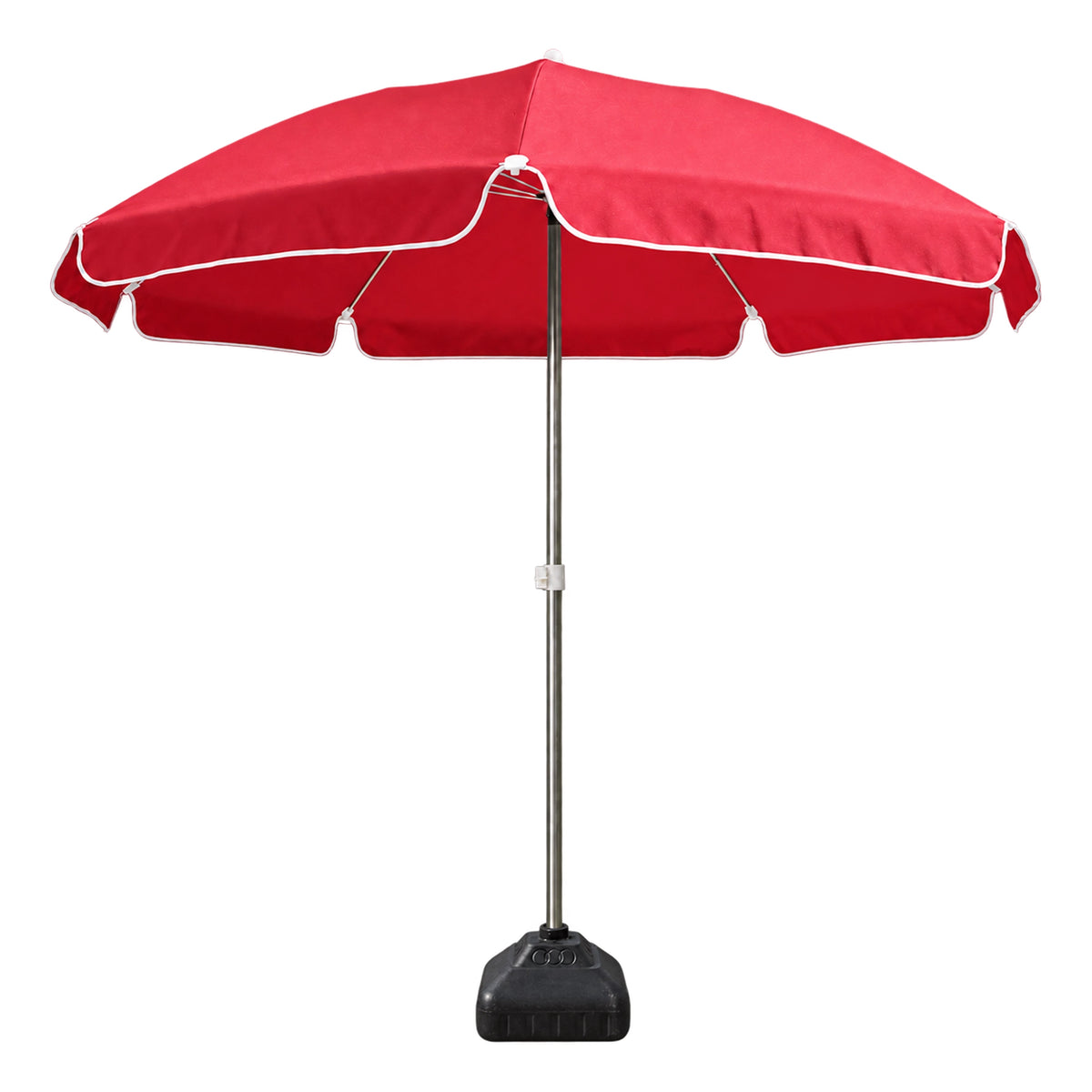 A red patio umbrella with white trim, a silver metal pole, and a black weighted base, shown against a plain white background.