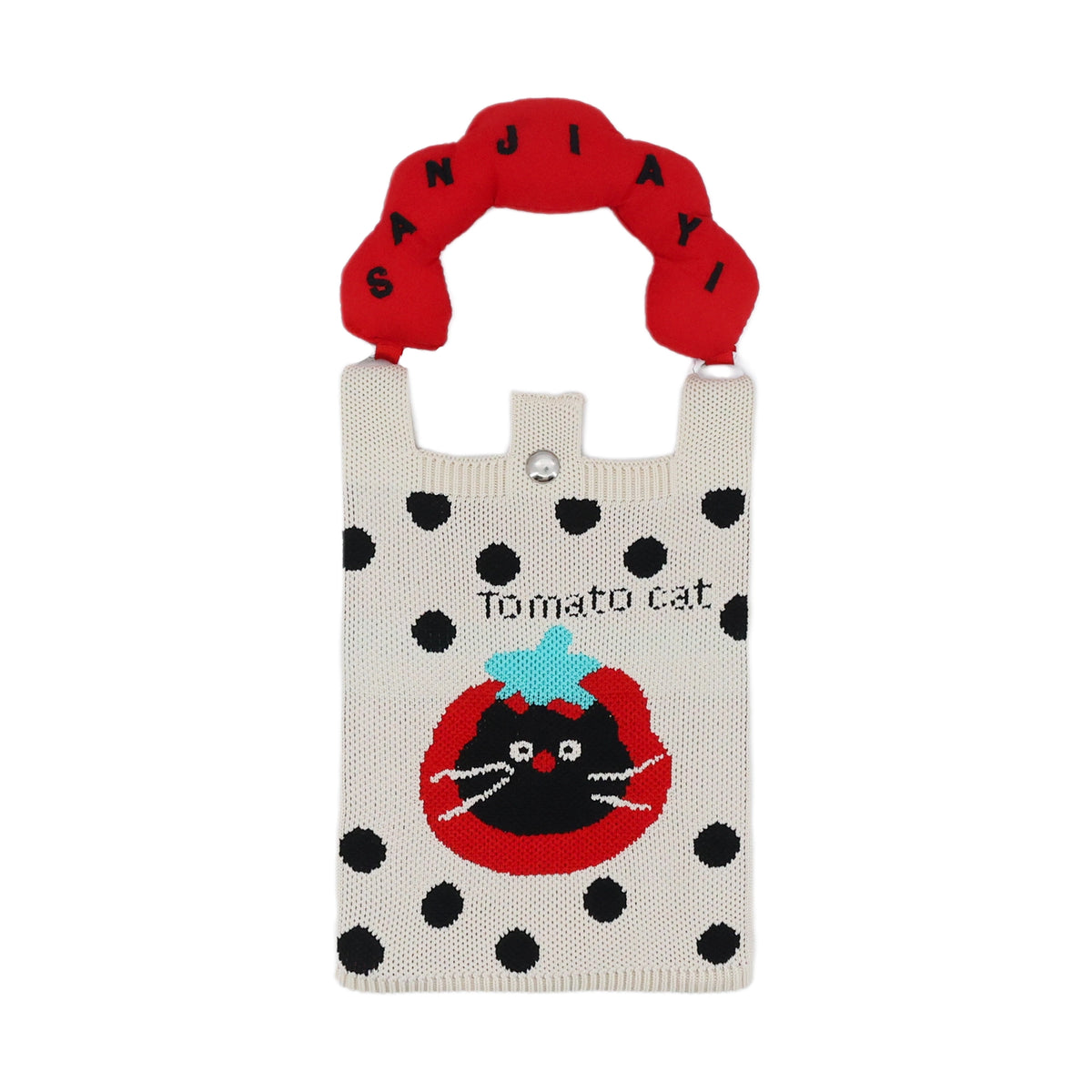 White jacquard shoulder bag with tomato cat illustration