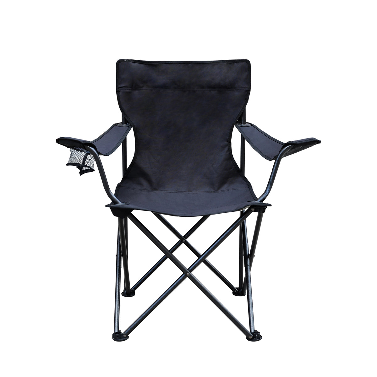 Black folding camping chair with cup holder and side pocket