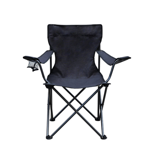 Black folding camping chair with cup holder and side pocket