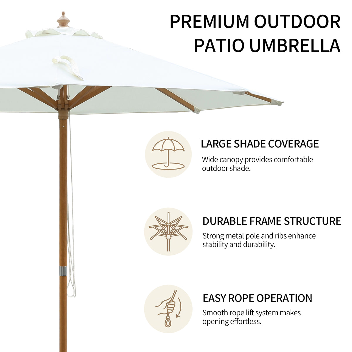 White patio umbrella with a brown wooden frame and rope handle, shown with marketing text and feature icons on a light gray background.