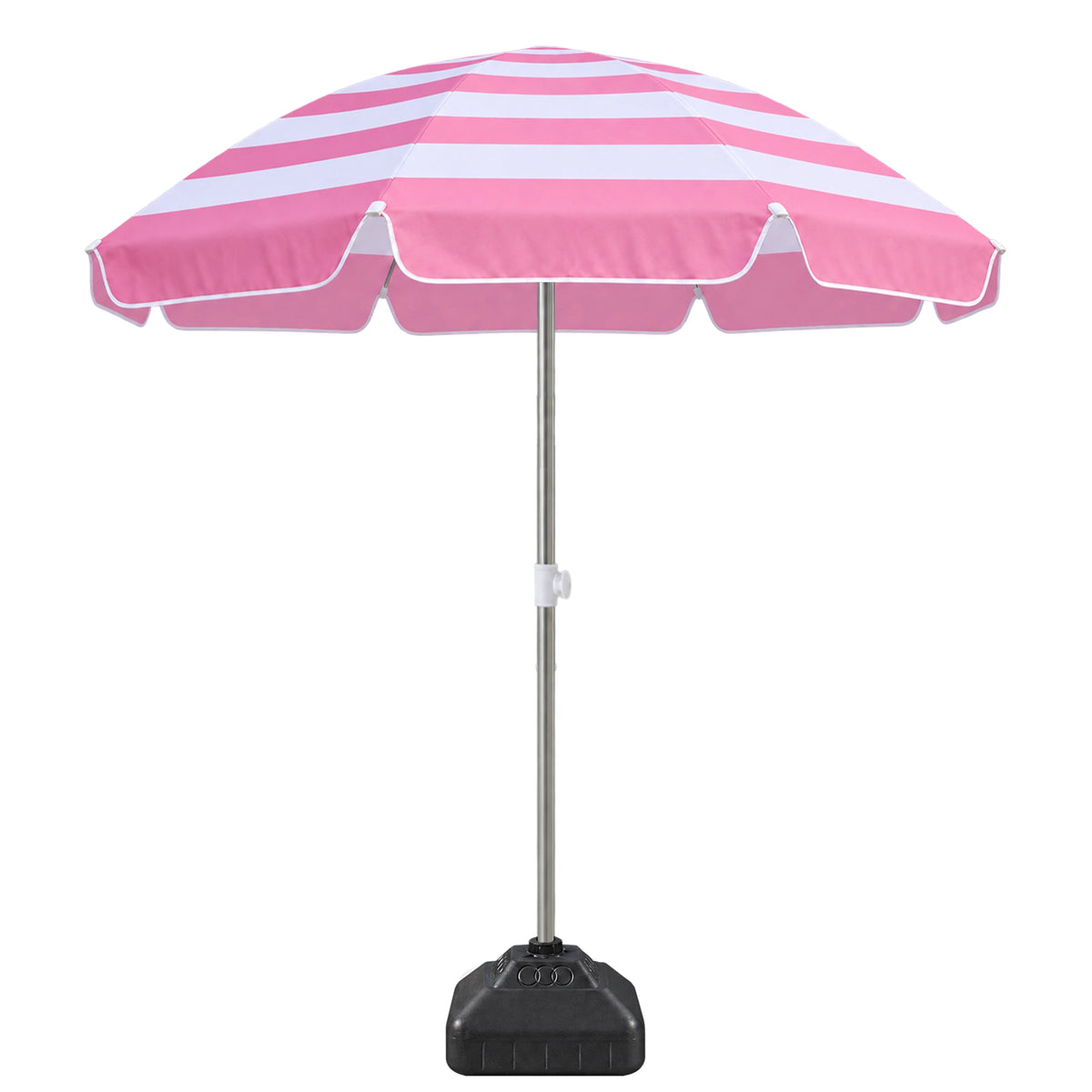Pink and white striped beach umbrella with a silver metal pole and a black weighted base, shown on a plain white background.