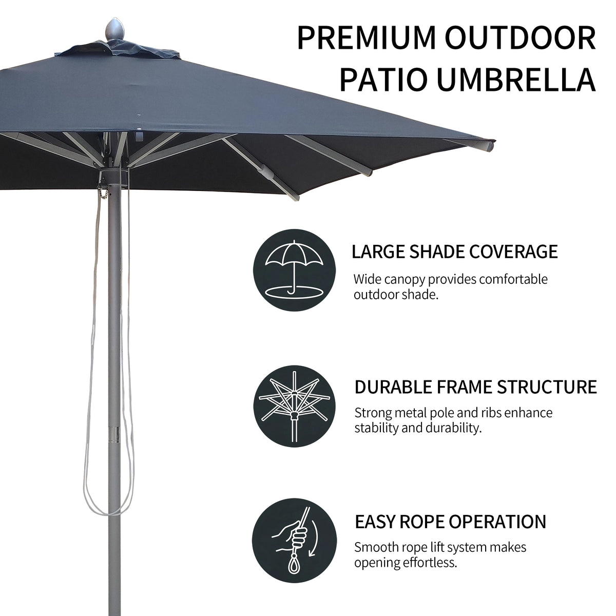 A premium outdoor patio umbrella shown partially open on a light gray background with marketing text and feature icons. The umbrella has a dark charcoal canopy and silver metal pole and frame.