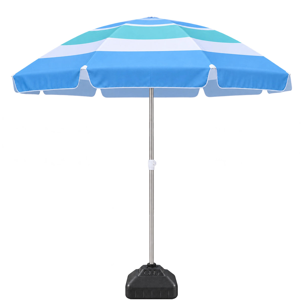 A patio umbrella with a blue, white, and teal striped canopy, supported by a silver metal pole and weighted black base on a white background.