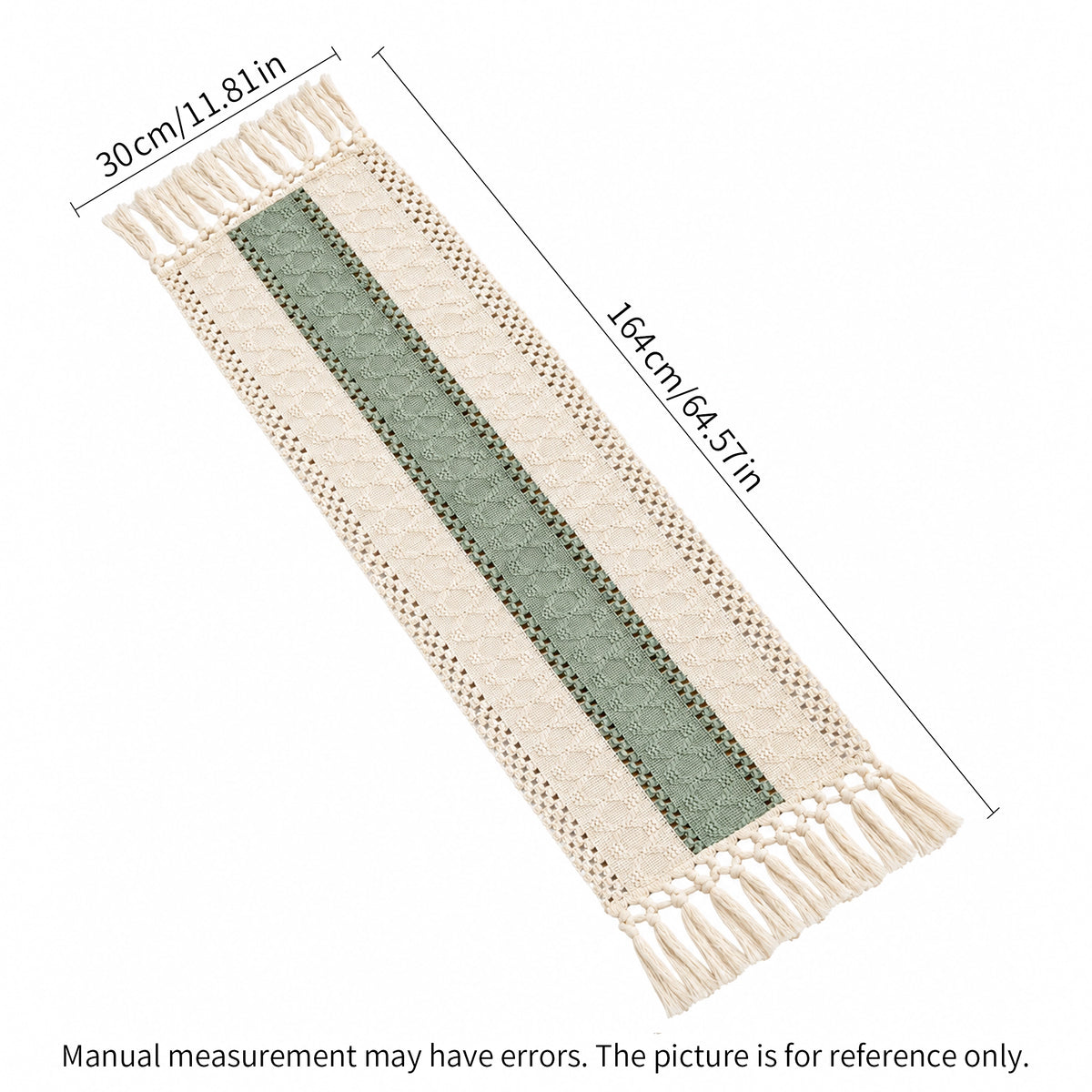 A cream-colored woven runner with a central sage green stripe, shown with dimension lines indicating a length of 65in and a width of 12in.