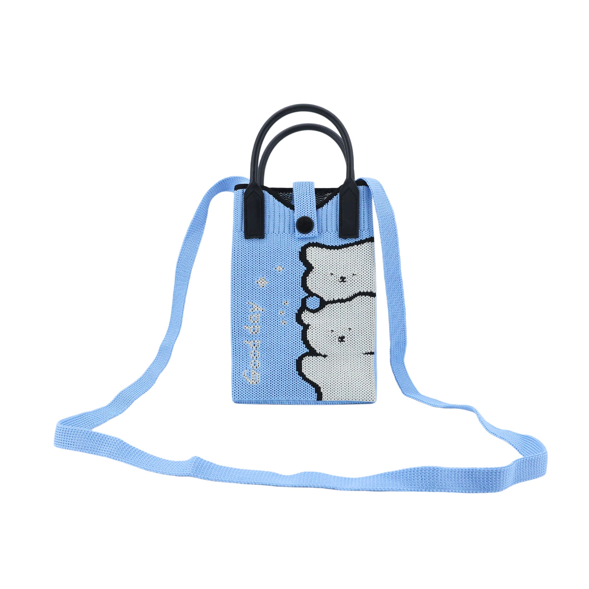 Blue jacquard shoulder bag with cat illustration