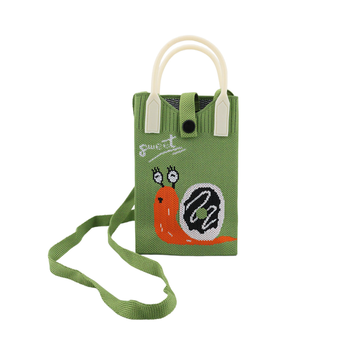 Green jacquard shoulder bag with illustrated snail