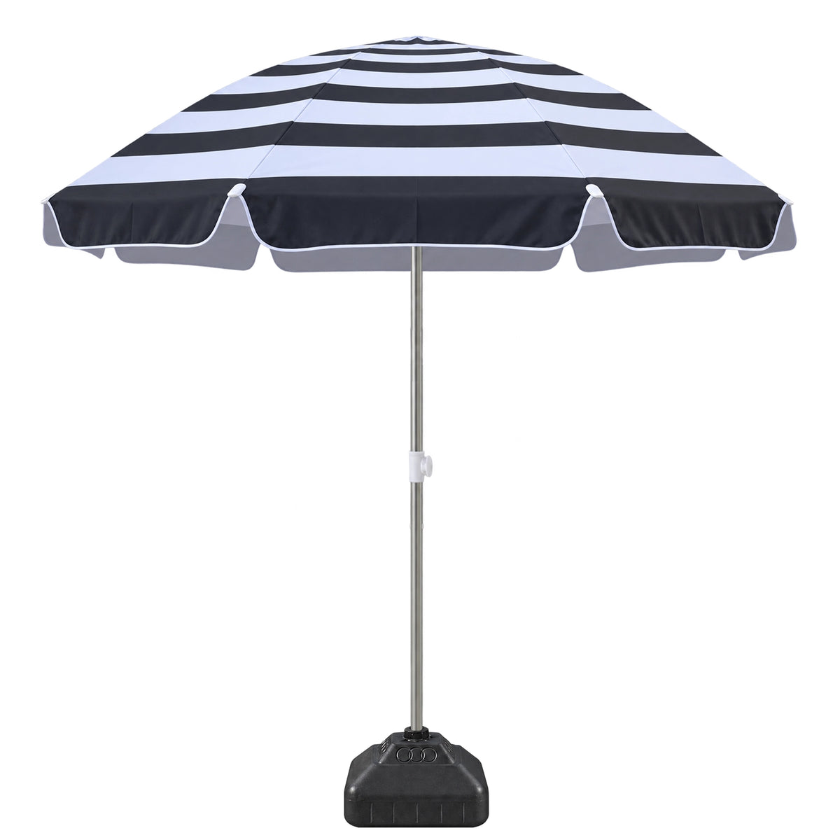 A patio umbrella with bold black and white horizontal stripes, supported by a silver metal pole and weighted black base on a plain white background.