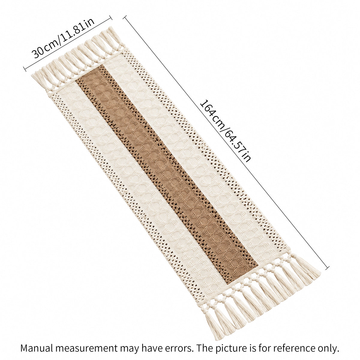 A cream and brown woven table runner with fringe on both ends, shown on a white background with dimension lines indicating 12inch by 65inch.