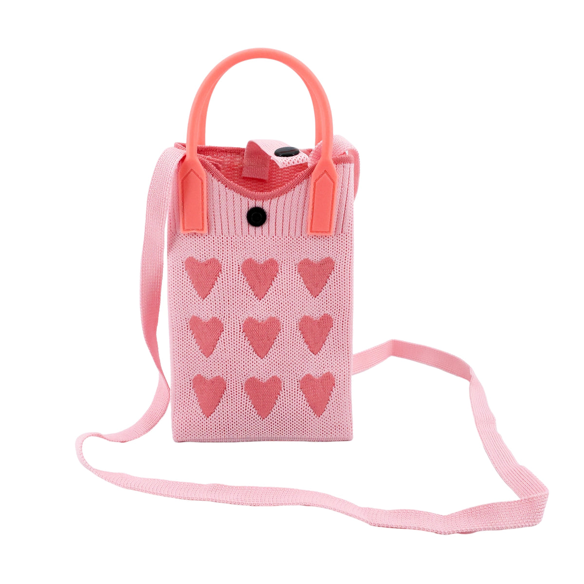Pink jacquard shoulder bag with heart pattern