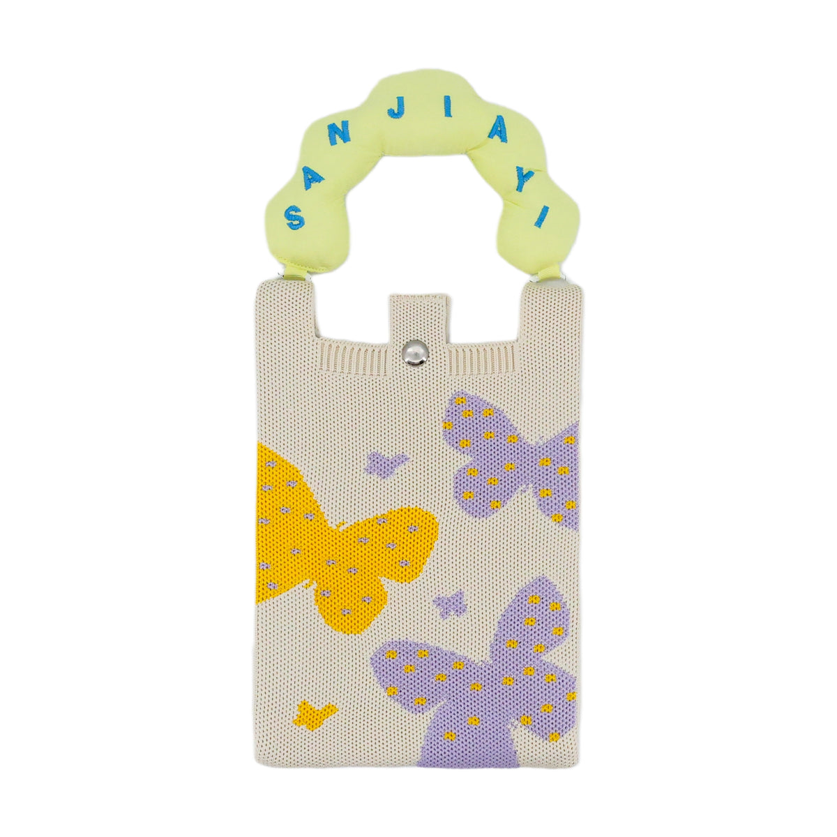 White jacquard shoulder bag with colorful illustrated pattern
