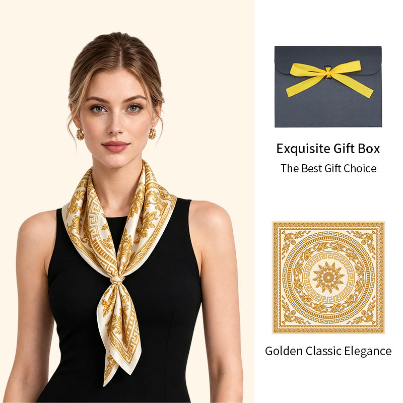 Model wearing a gold classic patterned square scarf