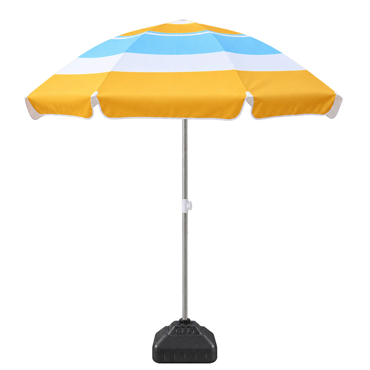 A large square beach umbrella with a yellow canopy featuring horizontal stripes of light blue, white, and yellow, supported by a silver metal pole with a black weighted base on a white background.