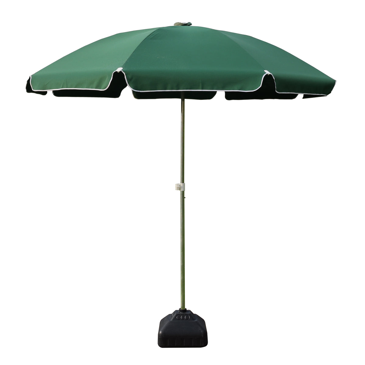 A green patio umbrella with a black weighted base, shown against a plain white background.