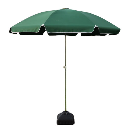 A green patio umbrella with a black weighted base, shown against a plain white background.