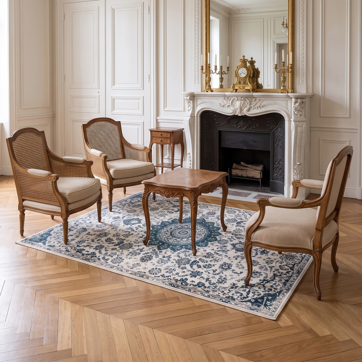 Blue patterned area rug in a classic sitting room