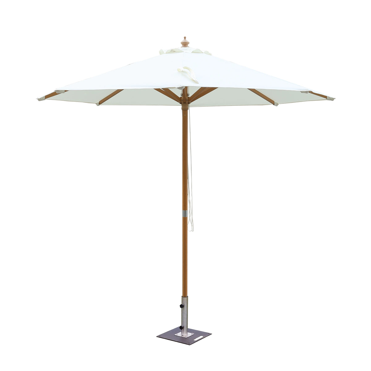 White round patio umbrella with wooden pole and square base