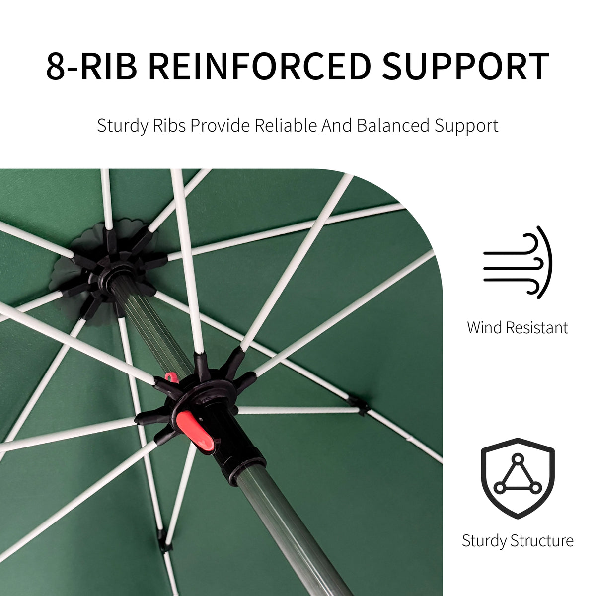 8-rib reinforced frame of the patio umbrella, seen from underneath