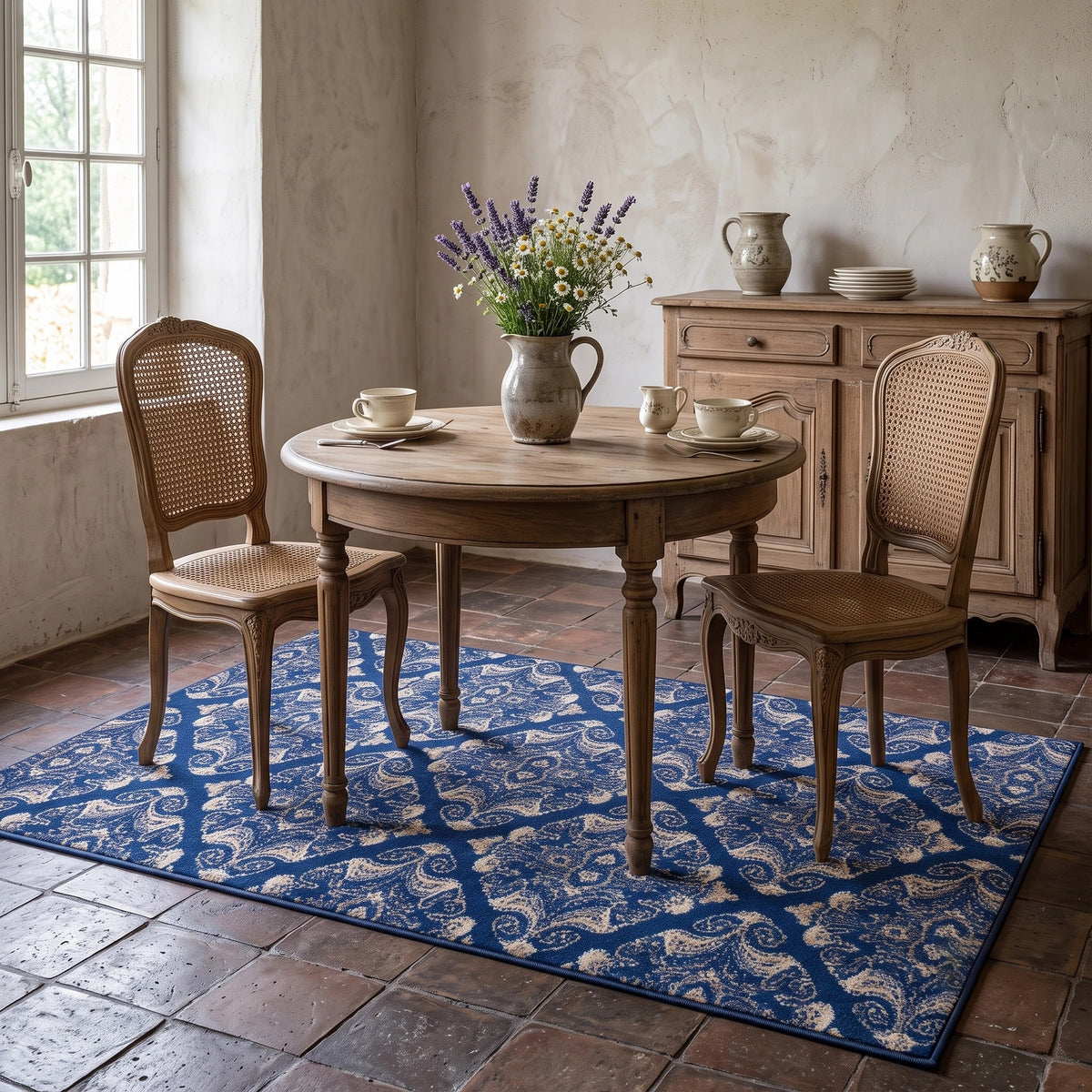 Blue patterned area rug beneath a dining table