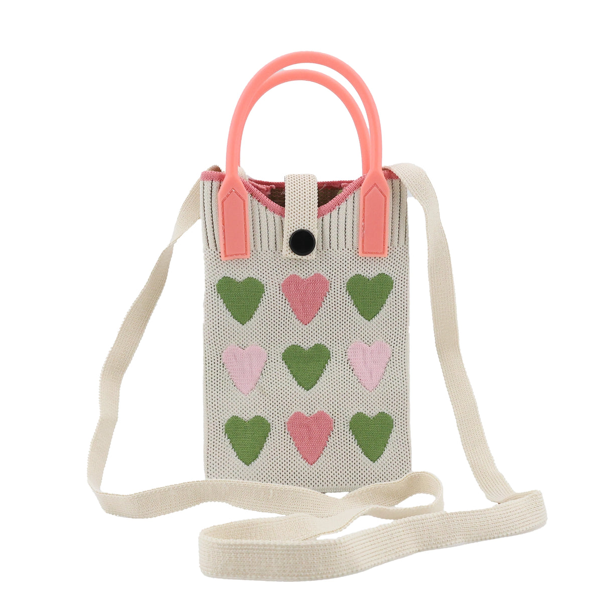 White jacquard shoulder bag with pink and green heart pattern