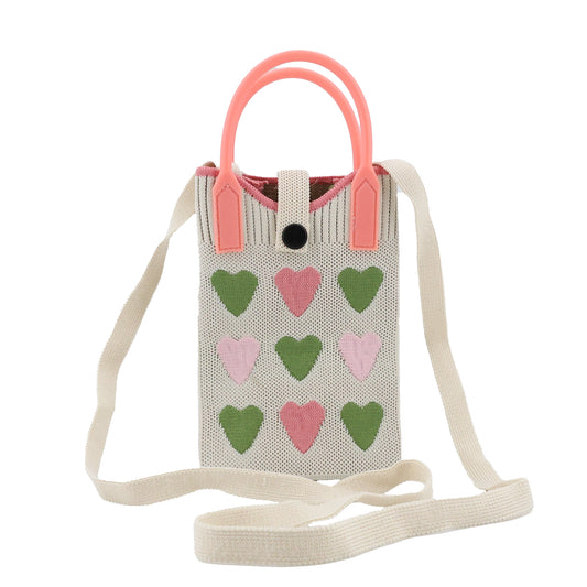 White jacquard shoulder bag with pink and green heart pattern