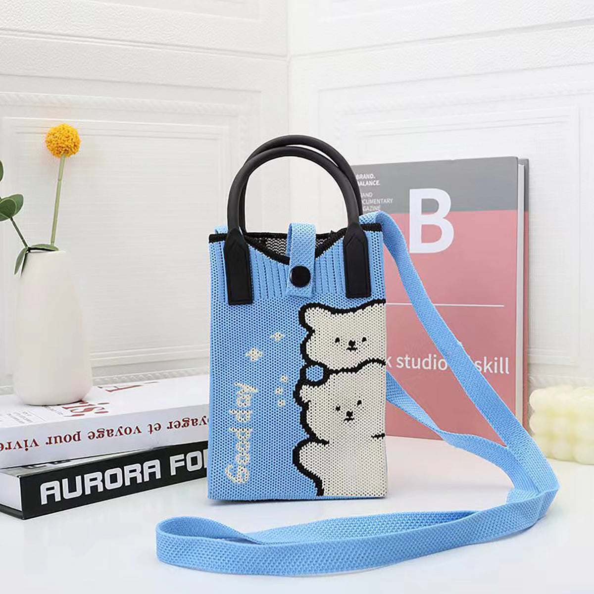 Knit Jacquard Phone Crossbody Bag with Top Handle, 9 Designs