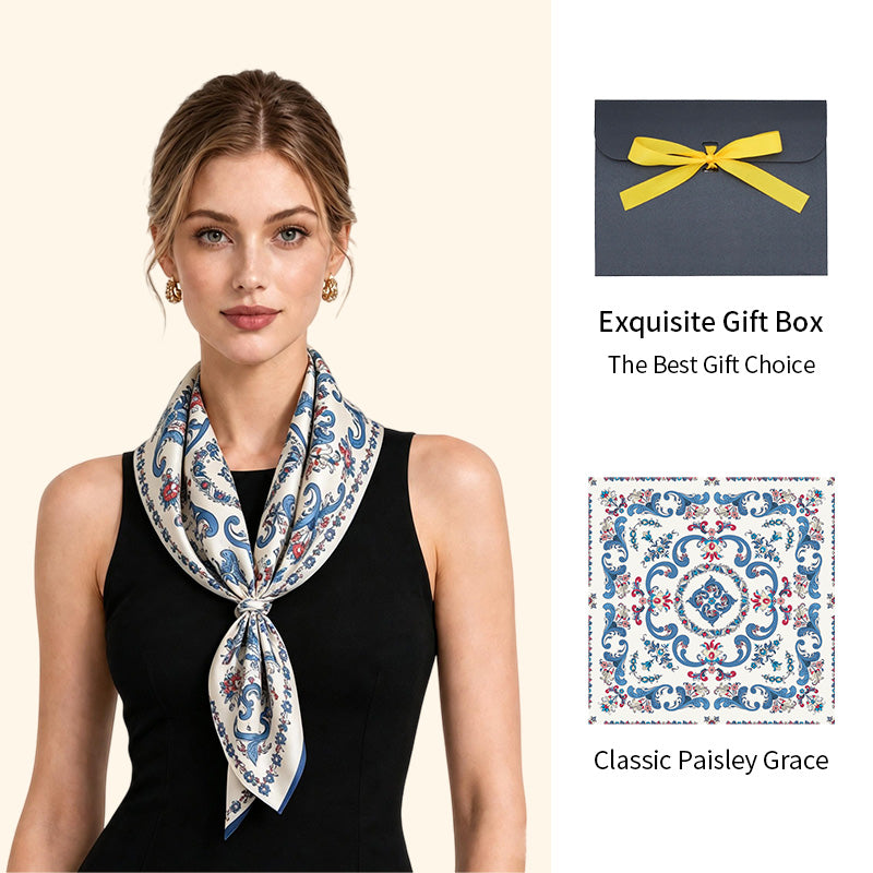 Model wearing a blue paisley square scarf