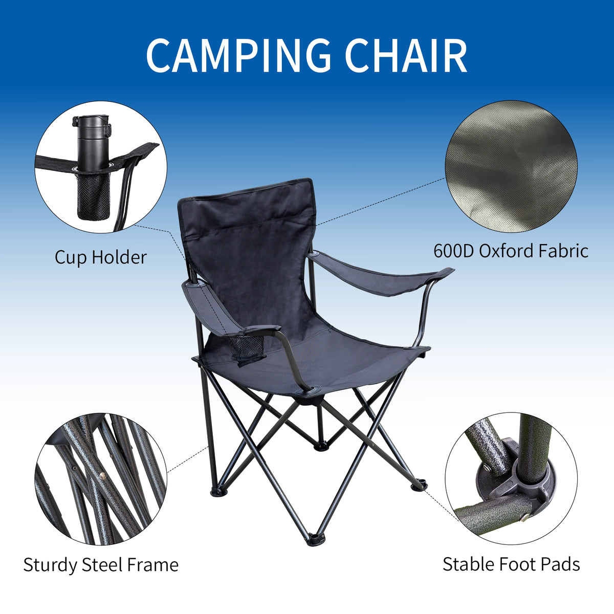 Folding camping chair features including cup holder, Oxford fabric and steel frame