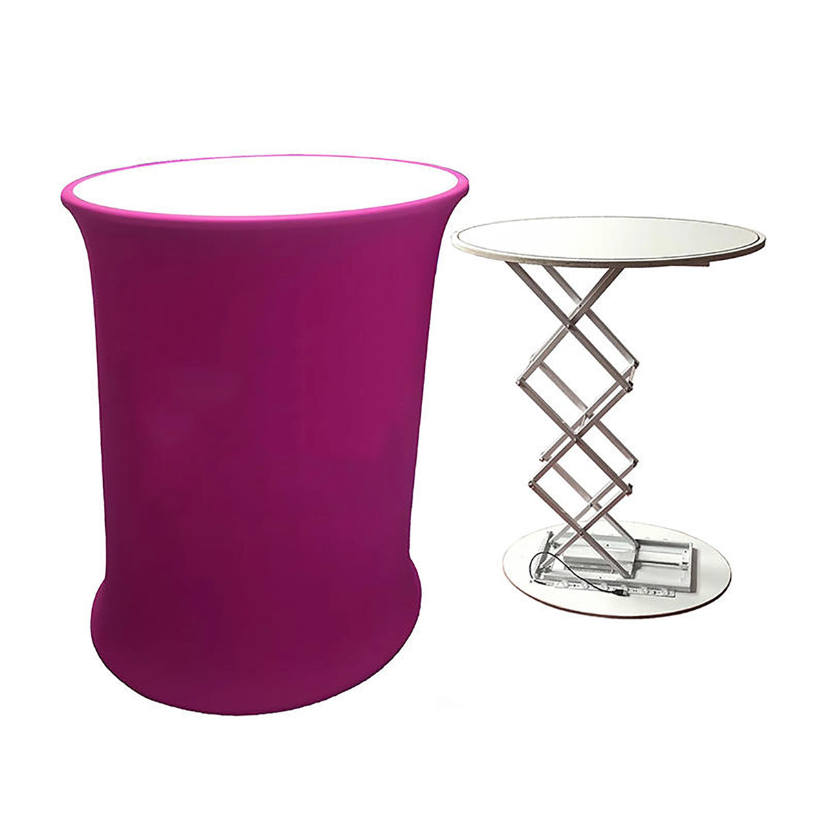 Magenta stretch-covered display counter beside a raised scissor-lift table
