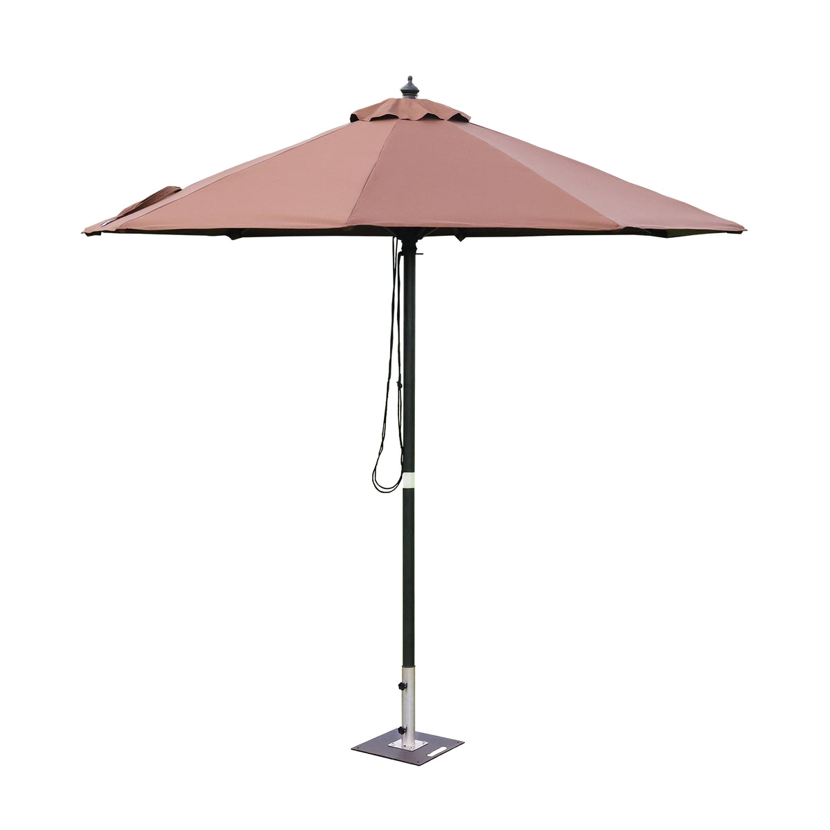 Taupe round patio umbrella with dark pole and square base