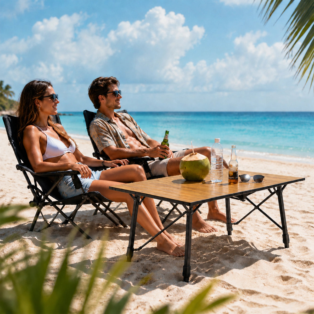 Low-height folding camping table between two beach chairs on the sand