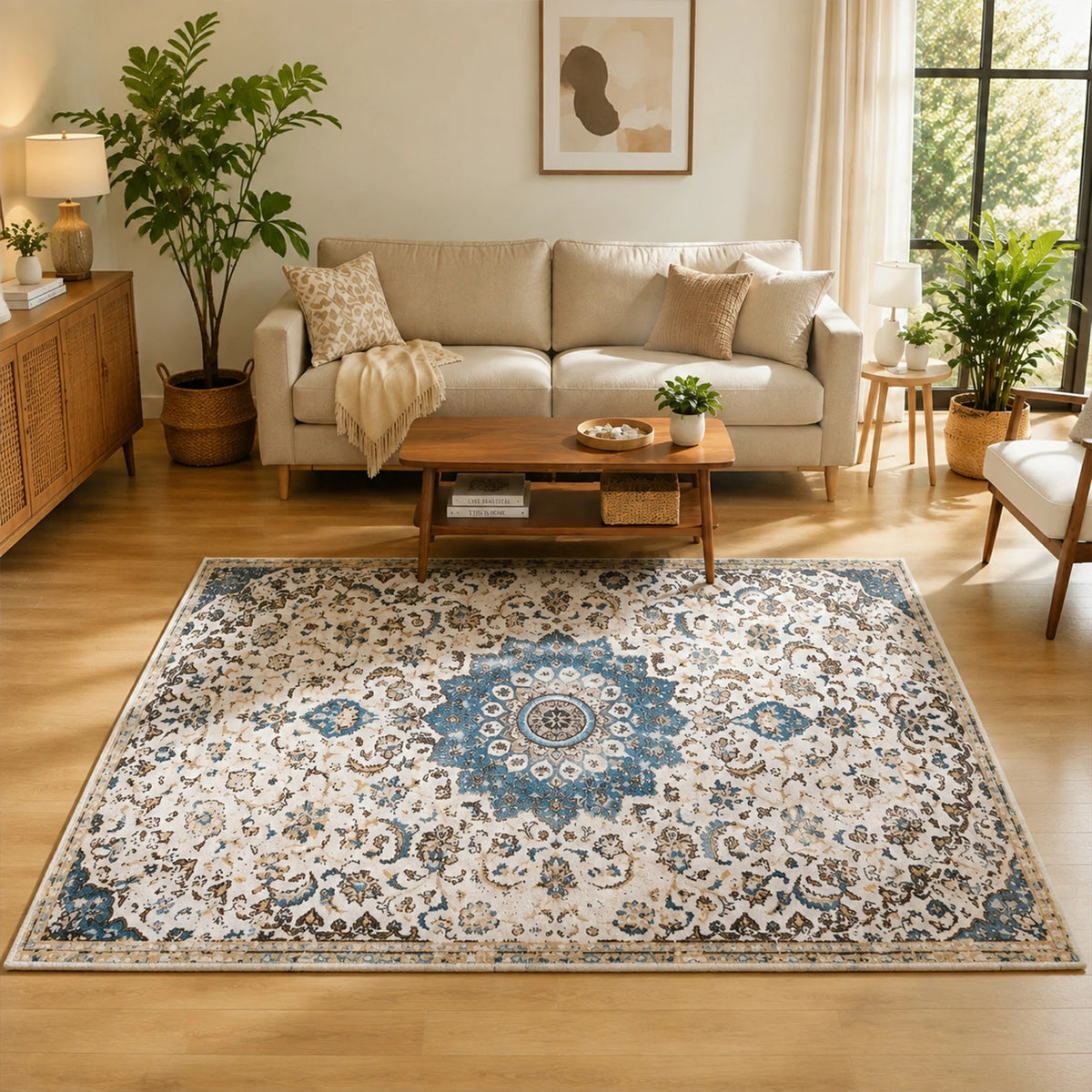 Blue patterned area rug in a living room