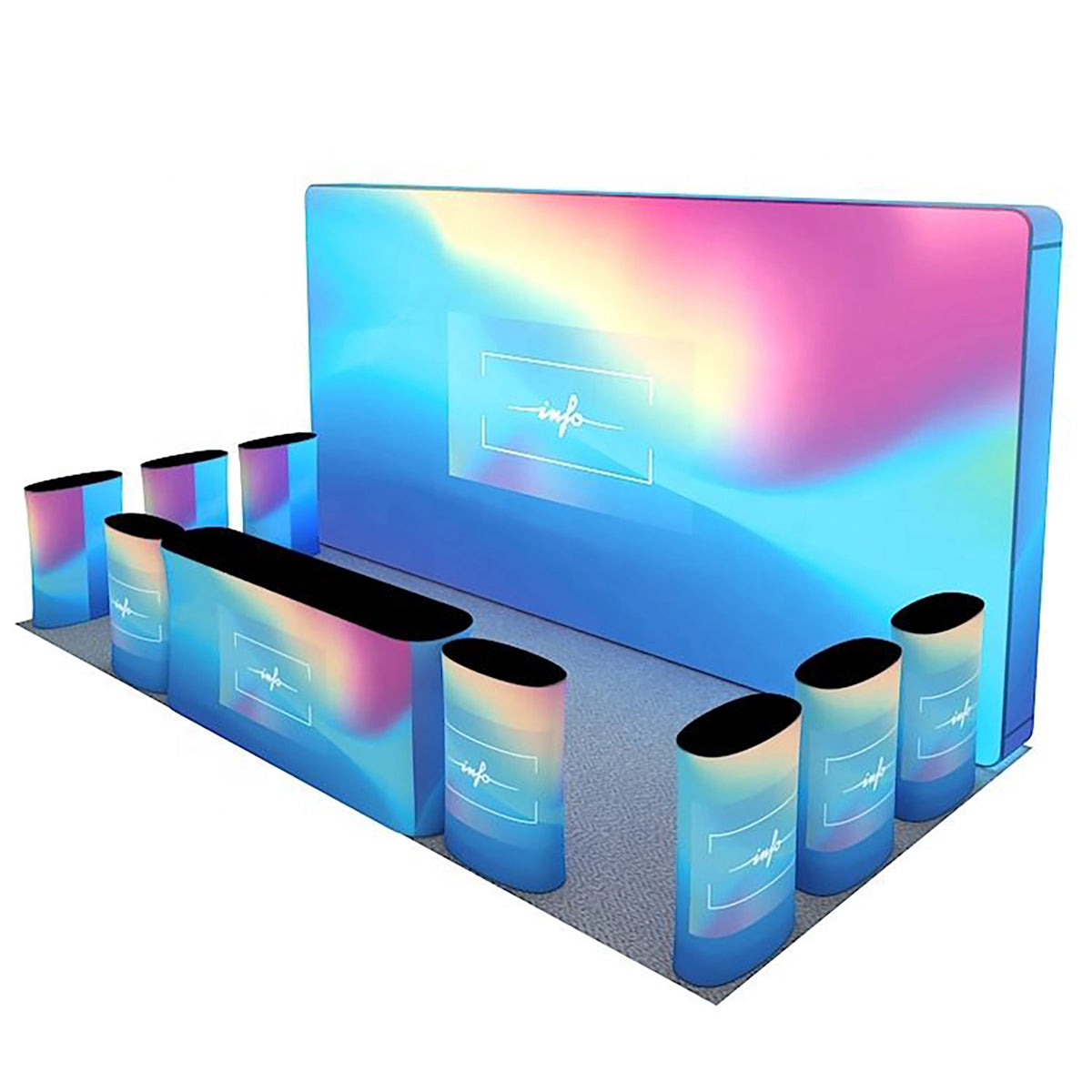 Blue display counter booth with cylindrical panels