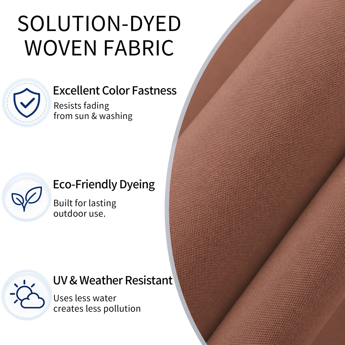Promotional graphic for a brown woven fabric, featuring a close-up of the textured material on the right and three feature callouts on the left: excellent color fastness, eco-friendly dyeing, and UV and weather resistance.