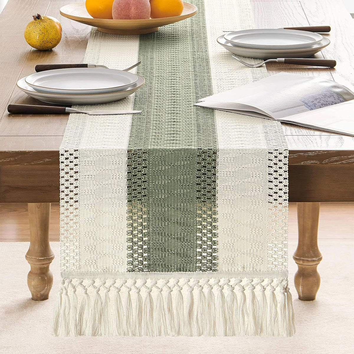 Table runner with geometric pattern on a wooden table