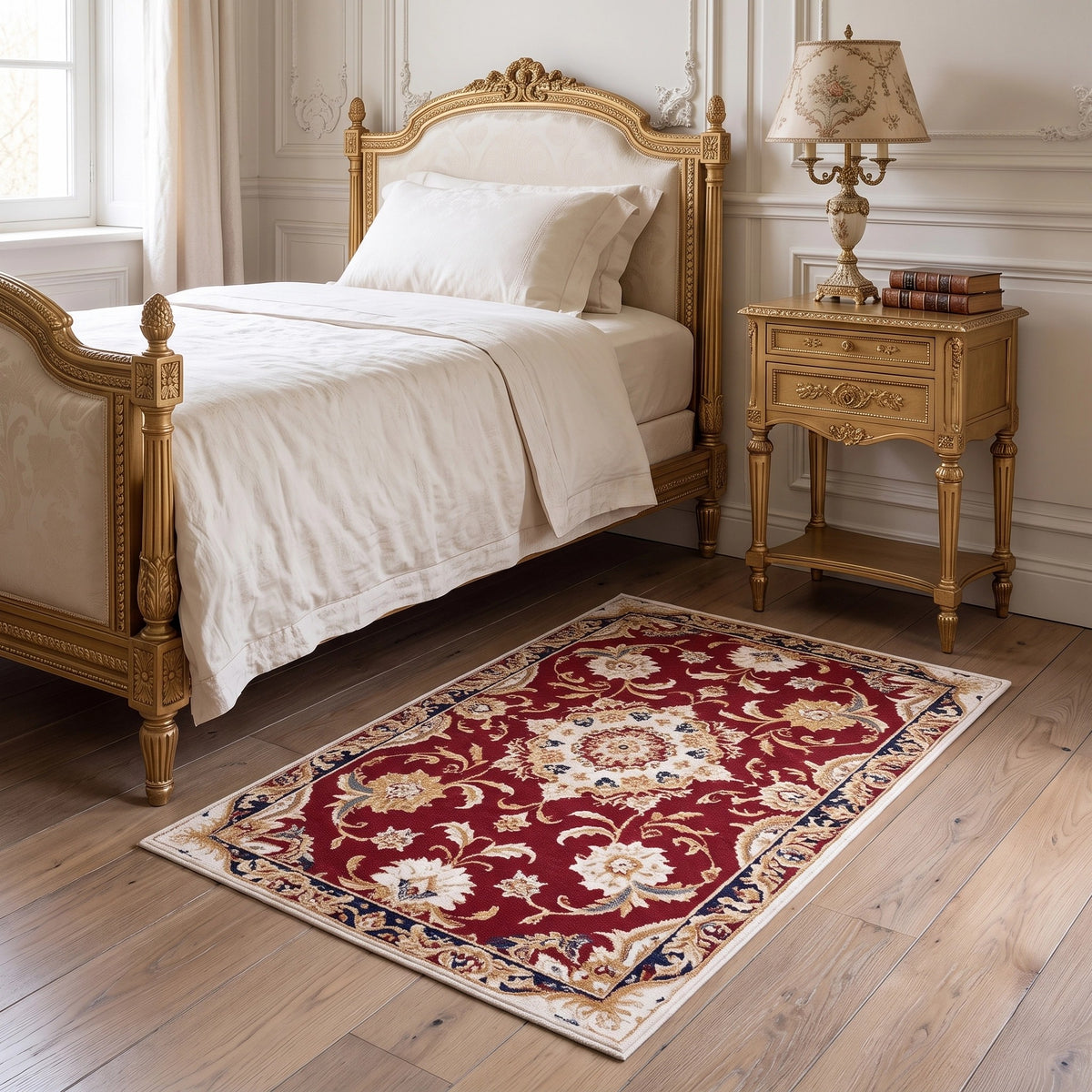 A rectangular area rug with a traditional floral pattern in deep red, beige, and blue, styled on a light wood floor in a classic bedroom next to an ornate gold bed and matching nightstand.