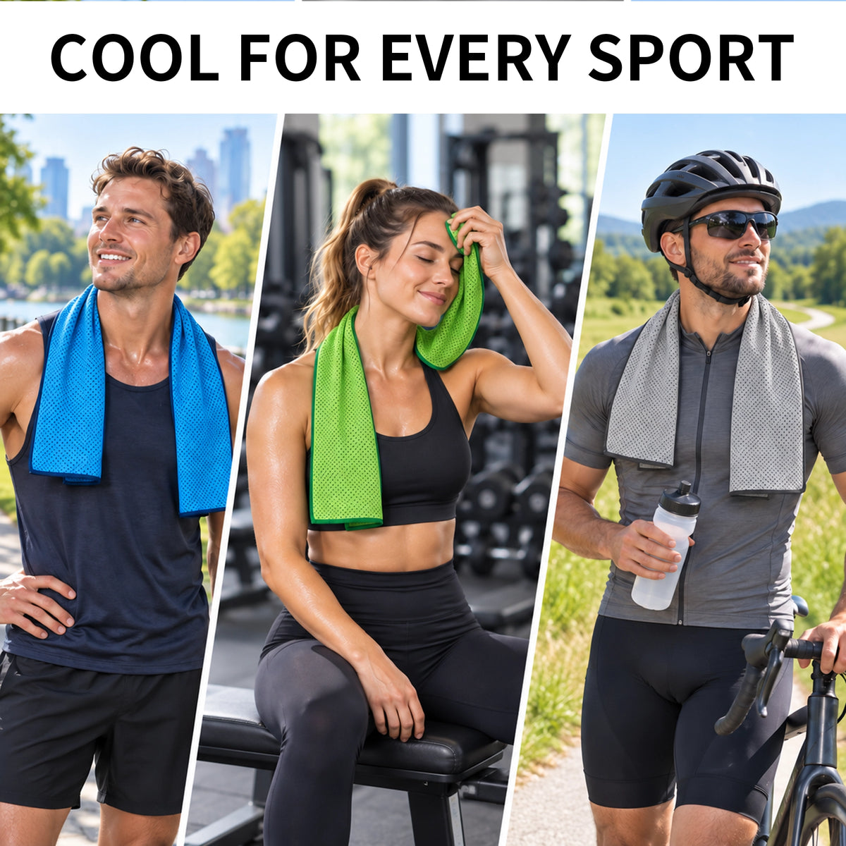 Athletes wearing cooling towels around the neck at the gym and on a bike ride