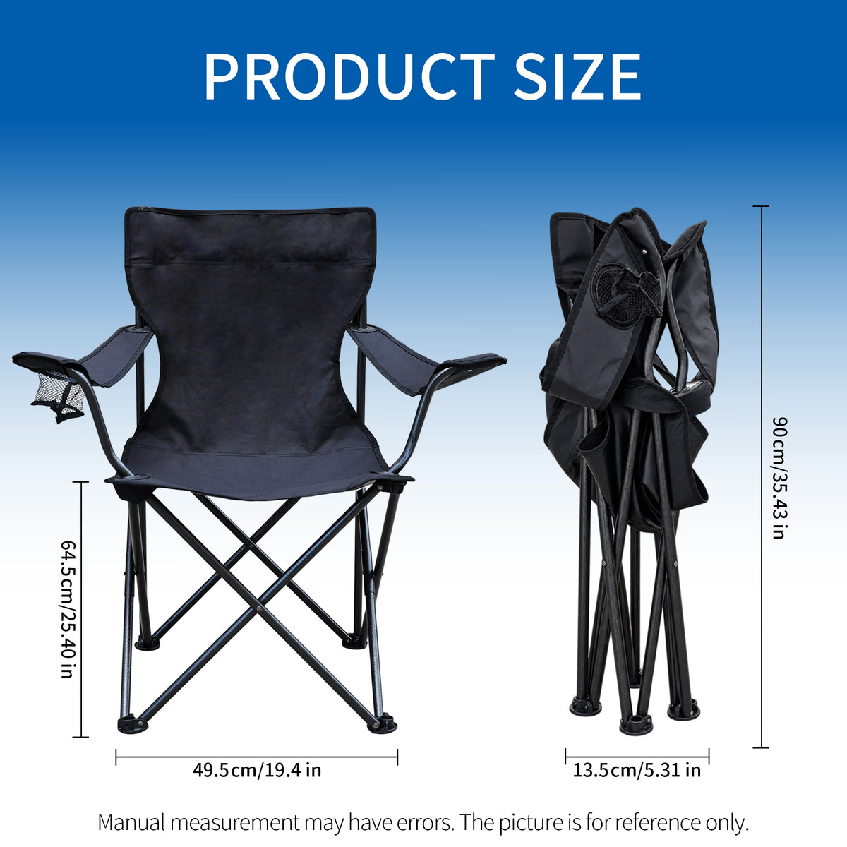 Folding camping chair with folded view and product dimensions
