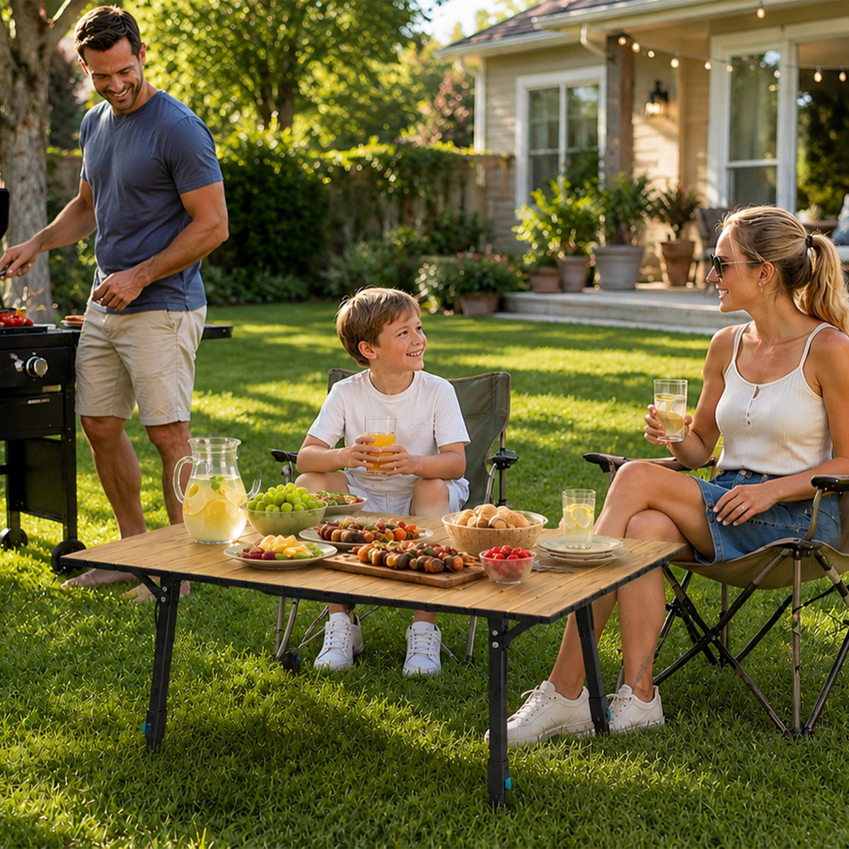 Family eating lunch at the wood-tone folding camping table in a backyard