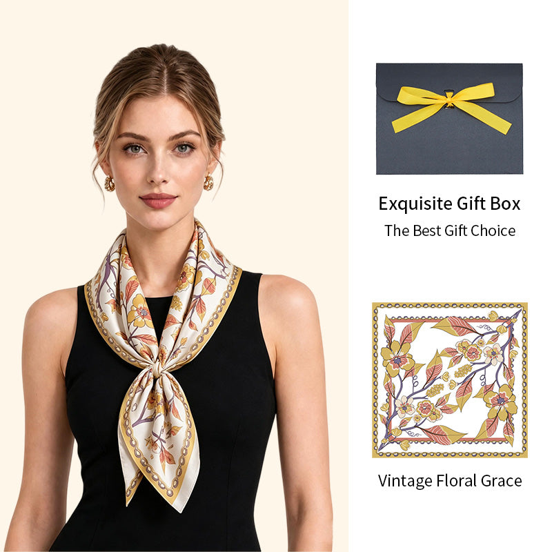 Model wearing a vintage floral square scarf