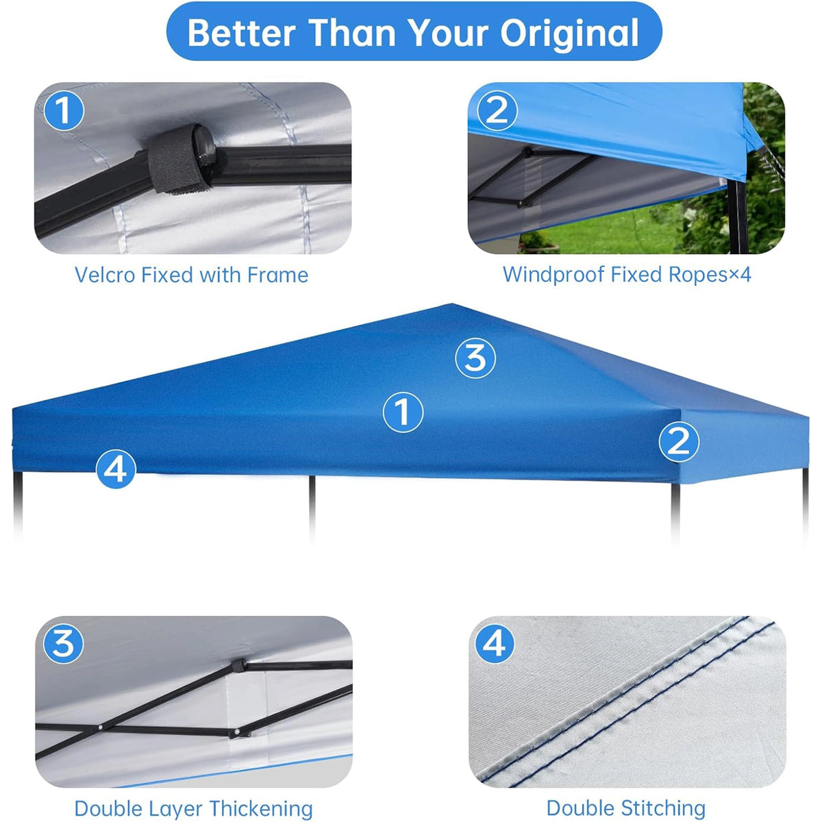 Blue pop-up canopy top with frame and stitching details