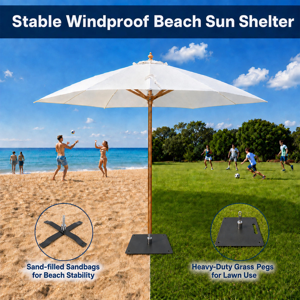 White beach umbrella with a wooden pole and square black base shown on a beach and grass field, with text reading 'Stable Windproof Beach Sun Shelter' and feature callouts for sand-filled sandbags and heavy-duty grass pegs.