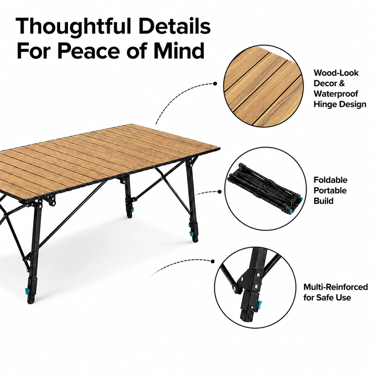 Folding aluminum camping table with wood-look top, foldable frame and reinforced legs