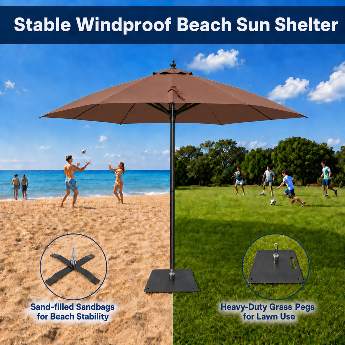 Brown cantilever beach umbrella shown on a split beach-and-lawn background with text callouts about sand-filled sandbags and heavy-duty grass pegs.