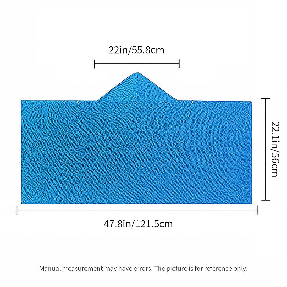 Blue fabric swatch with overlaid dimension lines and measurements showing width and height, plus a note that manual measurement may have errors.