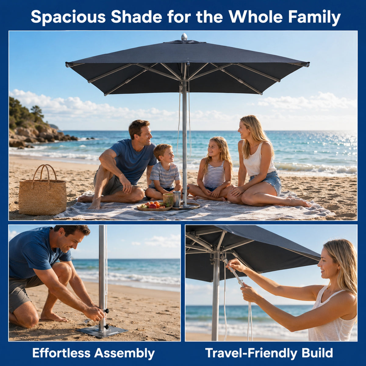 A family picnic scene on a beach under a large dark navy patio umbrella, with text reading 'Spacious Shade for the Whole Family' and smaller panels showing easy assembly and travel-friendly portability.